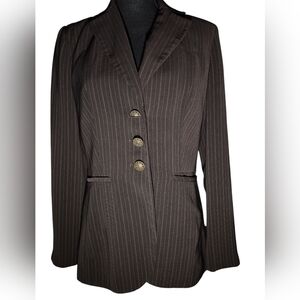Power Dressing: Allen by A.B.S. Chocolate and Tan Pinstripe Fitted Blazer - Size
